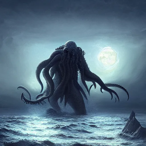 Image similar to a digital painting of a gigantic cthulhu coming out of the sea, back lighting, dramatic scene, detailed, night time, full moon, in the style of greg rutkowski