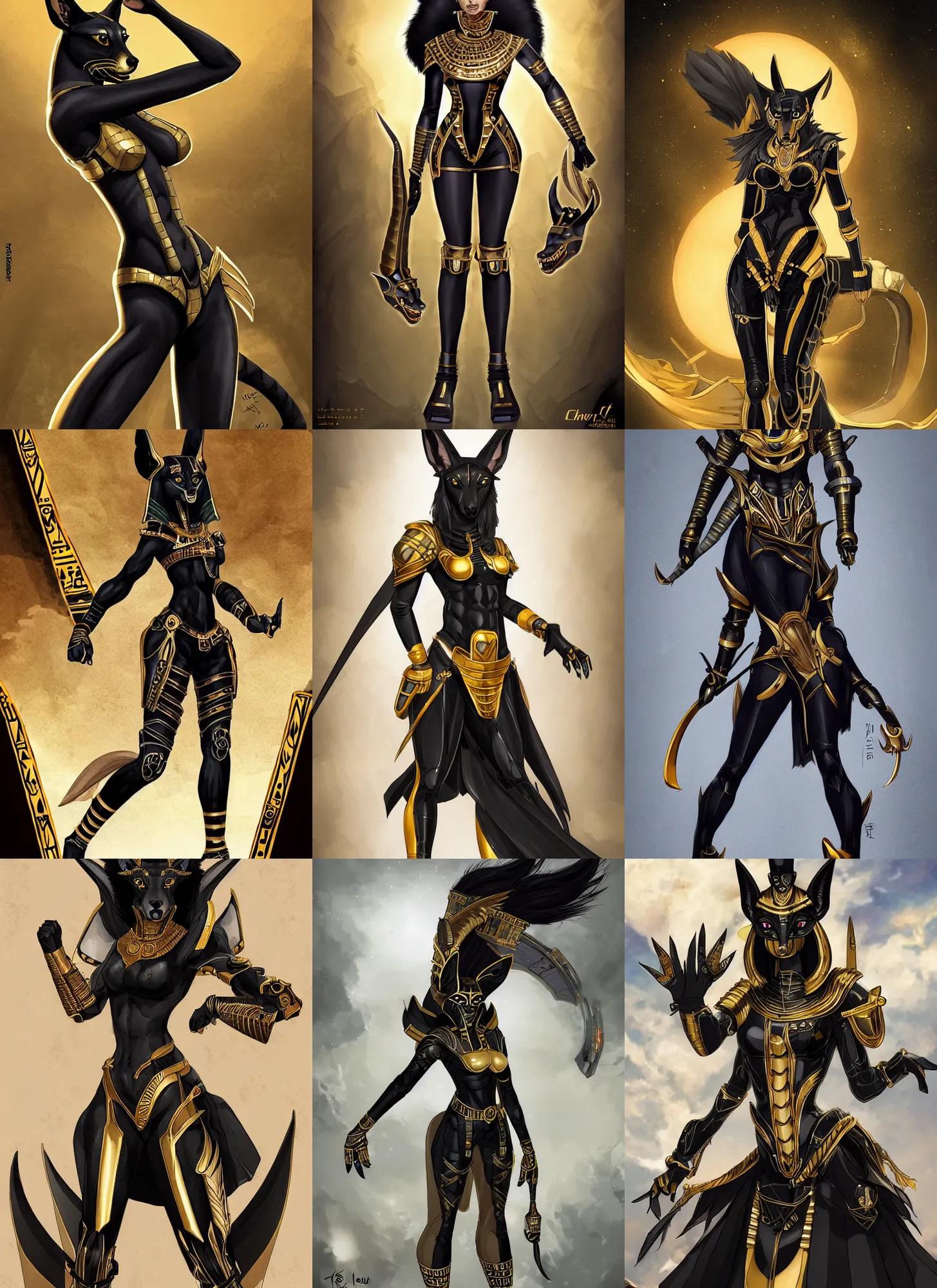 Prompt: female anthromoporphic black jackal fursona egyptian god anubis wearing black and gold cybertech armor. buxom, wide hips, character design by charlie bowater, ross tran, artgerm, and makoto shinkai, detailed, inked, western comic book art