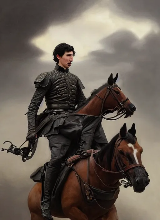 Image similar to painting of stoic king adam driver riding on horse together with his best friend john oliver, full body, military uniform, fantasy, intricate, elegant, beautiful, highly detailed, charcoal, centered, dark, smokey, digital painting, artstation, concept art, smooth, sharp focus, illustration, art by artgerm and greg rutkowski and alphonse mucha