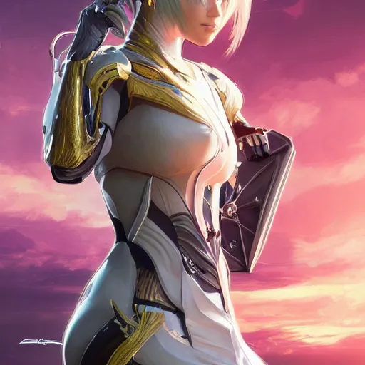 Image similar to ultra realistic illustration of android filipina, warframe, intricate, nier automata, sunset, golden hair, elegant, highly detailed, digital painting, artstation, concept art, smooth, sharp focus, illustration, art by artgerm and akihiko yoshida and alphonse mucha