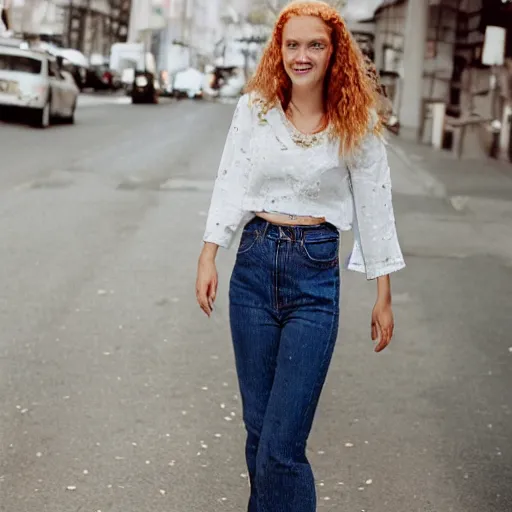 Image similar to Portrait photograph of a Strawberry-Blonde Girl, Young Beautiful Face, Green Eyes, Freckles, Wearing a white crop-top and jeans, with a subtle smile, Humans of New York Style, Leica Camera 50mm lens, street photography, aesthetic canon of proportions, grainy film photo