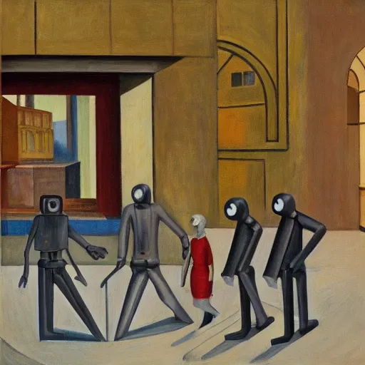 Image similar to drab workers wearing masks walking along cloisters, brutalist courtyard, watched by robots, dystopian, pj crook, edward hopper, oil on canvas