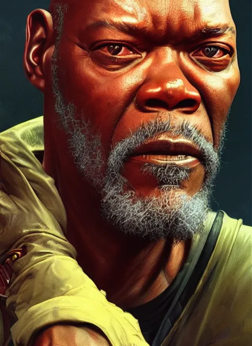 Image similar to portrait of Samuel L Jackson as a homeless character in Cyberpunk 2077, looking at camera, intricate, dystopian, sci-fi, extremely detailed, digital painting, artstation, concept art, smooth, sharp focus, illustration, intimidating lighting, incredible art by artgerm and greg rutkowski and alphonse mucha and simon stalenhag