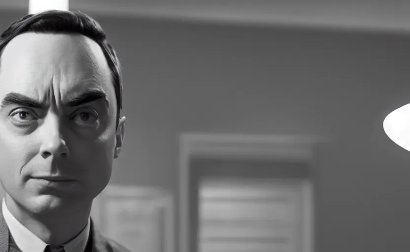 Prompt: Jim Parsons as J. Robert Oppenheimer in 'Oppenheimer' (2018), movie still frame, oscar nominated cinematography, volumetric lighting, 8k resolution, beautiful composition