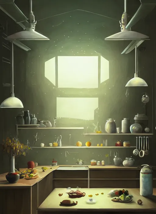 Image similar to high depth, collective civilization kitchen, calm, healing, resting, life, hybrids, scifi, soft white glowing lights, published concept art, art in the style of all and none and everything and infinity, clowdy day