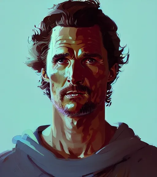 Image similar to portrait of beautiful warrior matthew mcconaughey, by atey ghailan, by greg rutkowski, by greg tocchini, by james gilleard, by joe fenton, by kaethe butcher, dynamic lighting, gradient light blue, brown, blonde cream and white color scheme, grunge aesthetic