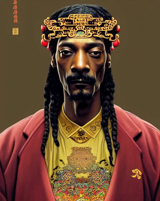 Prompt: portrait of snoop dogg, machine face, upper body, decorated with chinese opera motifs, asian, traditional chinese art, intricate, elegant, highly detailed, digital painting, artstation, concept art, smooth, sharp focus, illustration, art by artgerm and greg rutkowski and alphonse mucha, 8 k