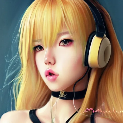 Image similar to realistic beautiful gorgeous natural cute Blackpink Lalisa Manoban blonde hair cute fur blonde cat ears, wearing camisole, wearing headphones, wearing black leather choker artwork drawn full HD 4K highest quality in artstyle by professional artists WLOP, Taejune Kim, Guweiz on Artstation Pixiv