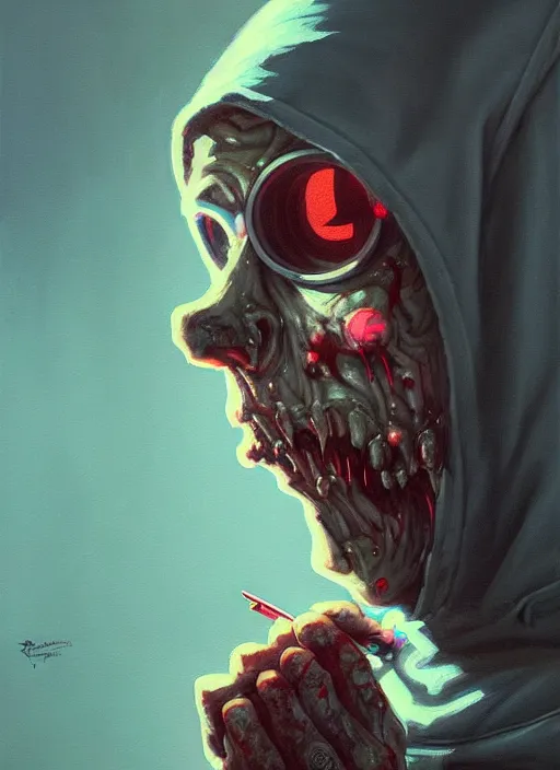 Prompt: a bokeh photo of a zombie hacker in a hoodie browsing the dark web in a bedroom, documentary film, an ultrafine detailed painting by james jean, cgsociety, figurative art, detailed painting, dystopian art, high detail greg rutkowski and andreas rocha, tristan eaton, victo ngai, artgerm, rhads, ross draws