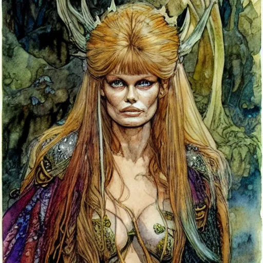 Image similar to a realistic and atmospheric watercolour fantasy character concept art portrait of brigitte bardot as a druidic warrior wizard looking at the camera with an intelligent gaze by rebecca guay, michael kaluta, charles vess and jean moebius giraud