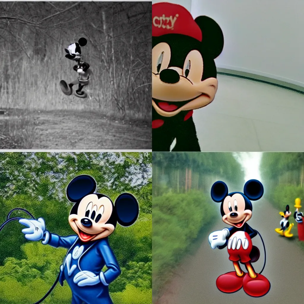 Prompt: Mickey Mouse commiting arsony, trailcam, CCTV footage