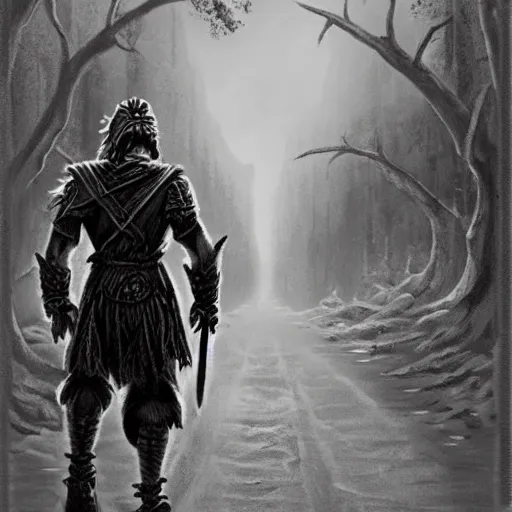 Prompt: warrior walking on the road, old school dungeons and dragons art, old school fpr, black and white image