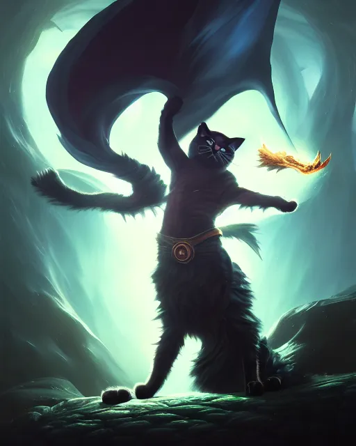 Image similar to oil painting of Cat Witch casting dark spell, sharp focus, heroic pose, fantasy style, octane render, volumetric lighting, 8k high definition, by greg rutkowski, highly detailed, trending on art Station, magic the gathering artwork, Woodland background, centered