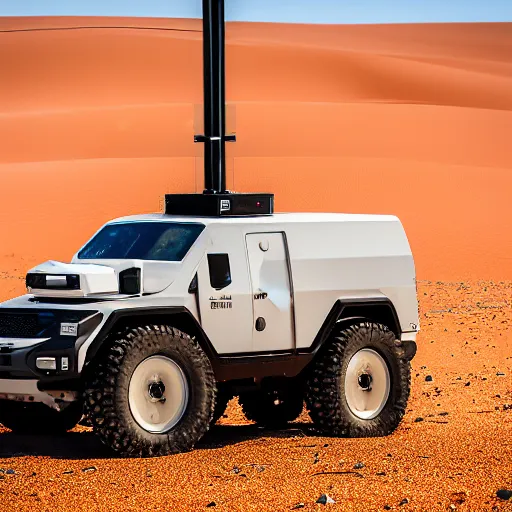 Image similar to peaceful mobile biomimetic rugged anemometer station sensor antenna on all terrain tank wheels, for monitoring the australian desert, XF IQ4, 150MP, 50mm, F1.4, ISO 200, 1/160s, dawn