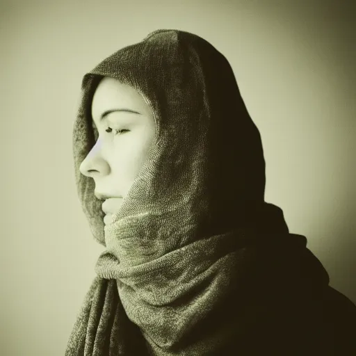 Image similar to portrait, scarf covering face, film noir, film grain, lit from the rear,