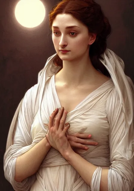 Prompt: sansa mummy brown hands, intricate, elegant, highly detailed, digital painting, artstation, concept art, smooth, sharp focus, illustration, art by artgerm and greg rutkowski and alphonse mucha and william - adolphe bouguereau