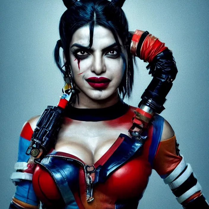 Image similar to portrait of Priyanka Chopra as a harley quinn in Suicide Squad. intricate artwork. by Tooth Wu, wlop, beeple, dan mumford. octane render, trending on artstation, greg rutkowski very coherent symmetrical artwork. cinematic, hyper realism, high detail, octane render, 8k