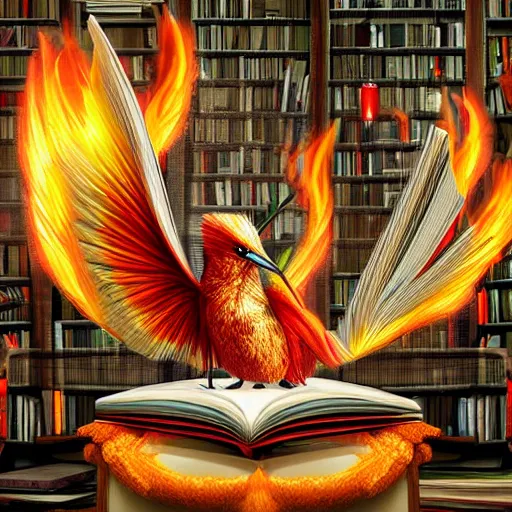 Prompt: a cute flaming mythical hummingfirebird reading a book in a library #epic-3D-digital-artwork-render