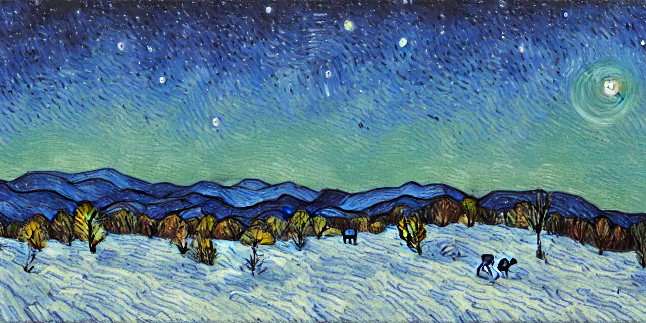 Prompt: thick impasto textured oil painting of the laurentian appalachian mountains in winter by vincent van gogh, unique, original and creative landscape, snowy night, distant town lights, aurora borealis, deers and ravens, footsteps in the snow, brilliant composition