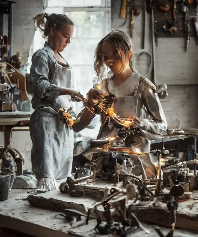 Image similar to A beautiful girl makes bronze gear on a workbench, 50mm photo, soft light, highly detailed, motion blur, trending on artstation