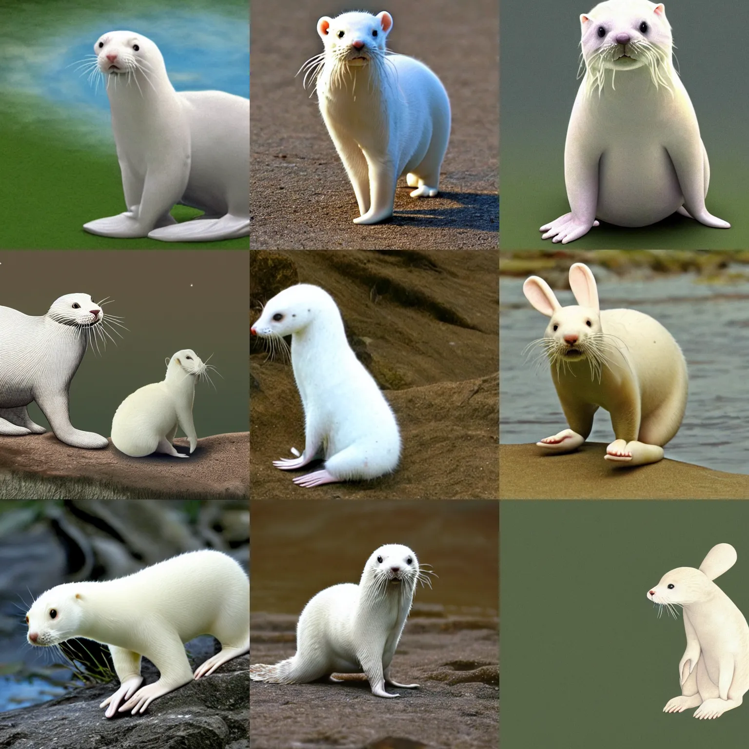 Prompt: bipedal albino amphibious otter seal cat stoat alien creature with rabbit ears and a fat tail, speculative biology