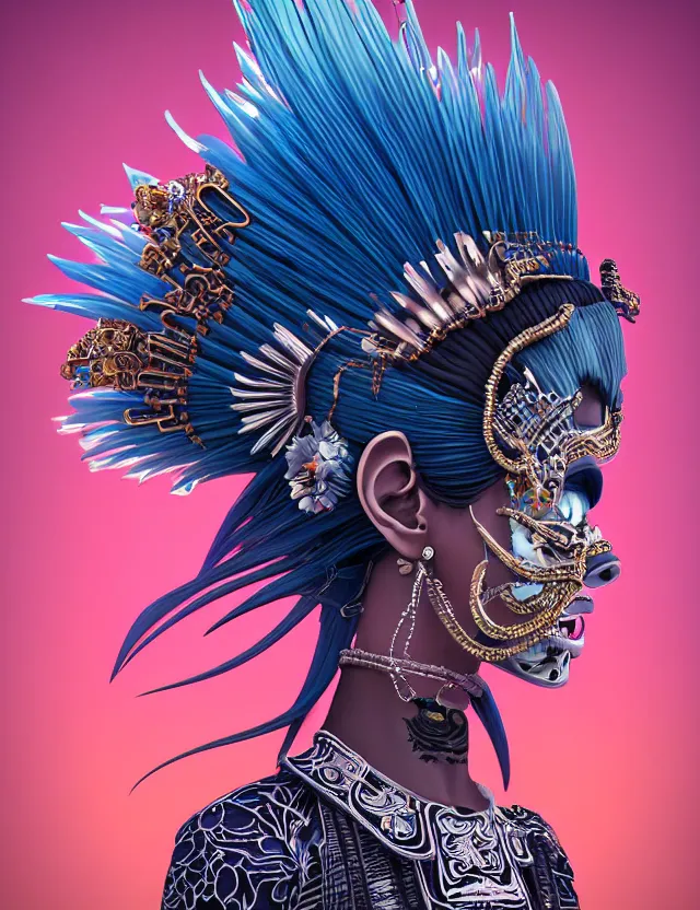 Image similar to 3 d goddess close - up profile simple portrait punk with mohawk with goat skull. beautiful intricately detailed japanese crow kitsune mask and clasical japanese kimono. betta fish, jellyfish phoenix, bio luminescent, plasma, ice, water, wind, creature, artwork by tooth wu and wlop and beeple and greg rutkowski