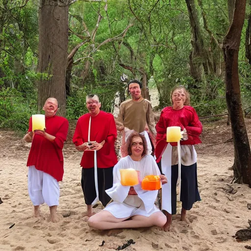 Image similar to A group of Spanish inquisitors holding lanterns on a sandy beach Cove in middle of a magical forest