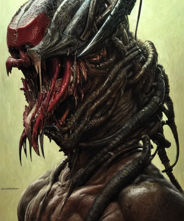 Image similar to a portrait of the predator by chris warner, oil on canvas, deep depth field, masterpiece, by donato giancola, trending on artstation, featured on pixiv, cinematic composition, hyper - detailed, hd, hdr, 4 k, 8 k