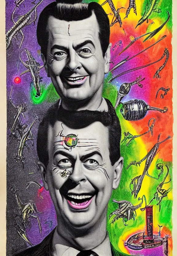 Image similar to one famous person, subgenius, x - day, aliens, weird stuff, occult stuff, devil stuff, less detail, colorful, stained paper, hyperrealism, stage lighting