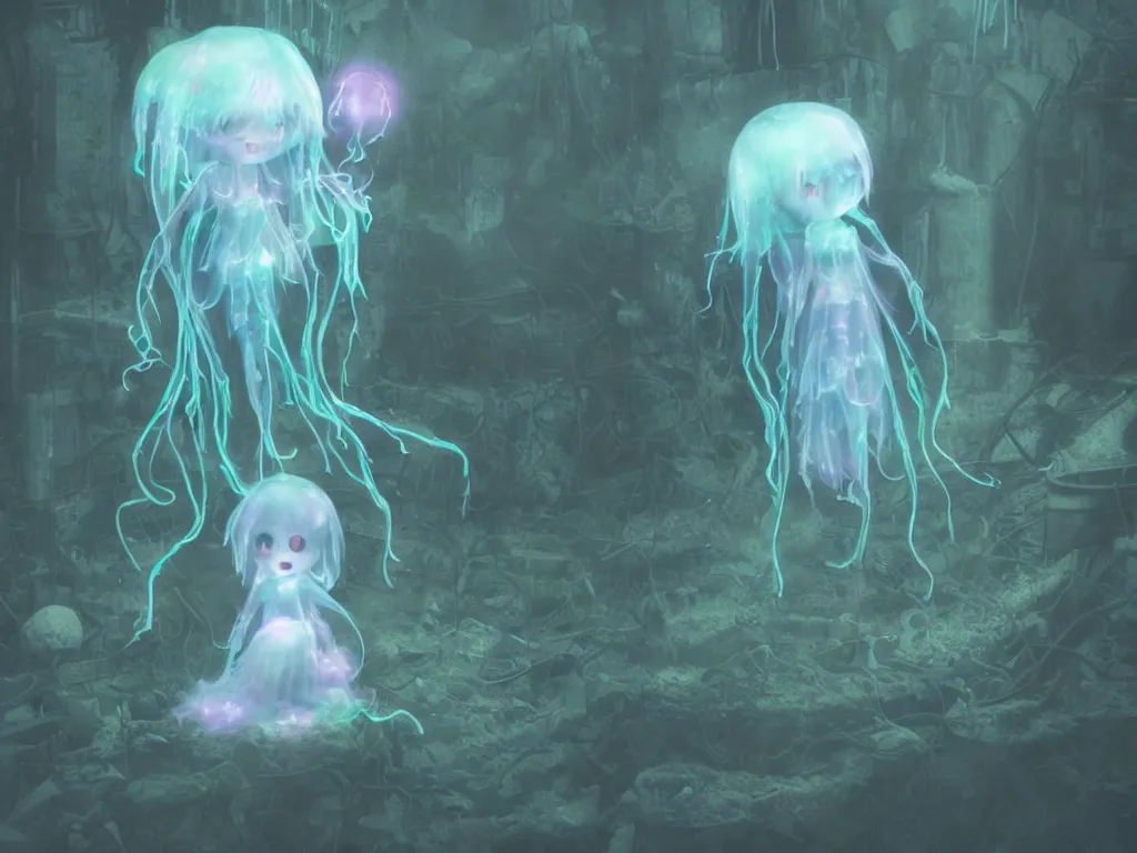 Prompt: cute fumo plush smiling ectoplasmic jellyfish ghost girl lingering in a mysterious concrete organic ruin, technicolor horror, chibi gothic maiden in tattered melting rags, glowing wisps of hazy green smoke and eerie blue volumetric fog swirling about, moonlight, glowing lens flare, vray