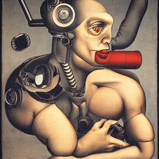 Prompt: a cyborg, by hans baldung