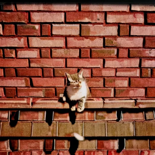 Prompt: wide - shot low - angle ant's eye view, sharp shadow!! of a cat!! on the brick wall outside, polaroid photo, by andy warhol