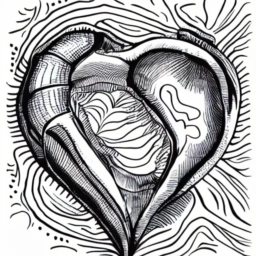 Prompt: black and white illustration, heart mixed with a sea shell