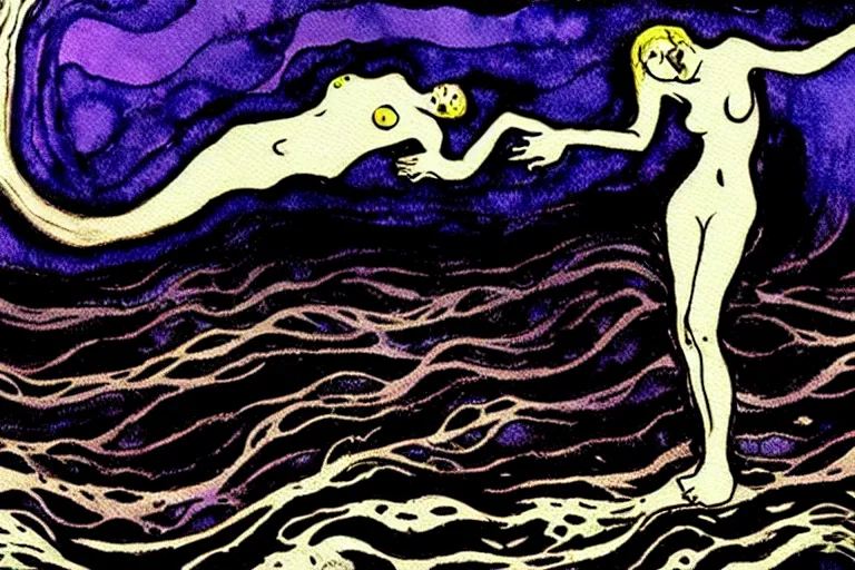 Prompt: despair, drowning, loneliness. collapsing into spiral oblivion, the weeping visage of a longing dreamer in desolation. cosmic void, abyssal ocean depths, art nouveau art deco, vibrant darkness, by jackson pollock and edvard munch and rebecca guay and carl critchlow. moody, murky. glimmering hopes last gasp in the endless waters. watercolor painting.