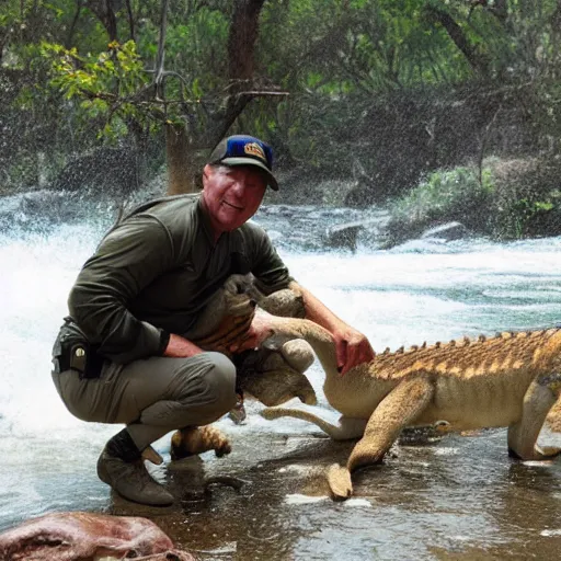 Image similar to steve irwin playing with dingo and crocodile in front of waterfall, epic detailed cinematic award winning profile photography 8 k
