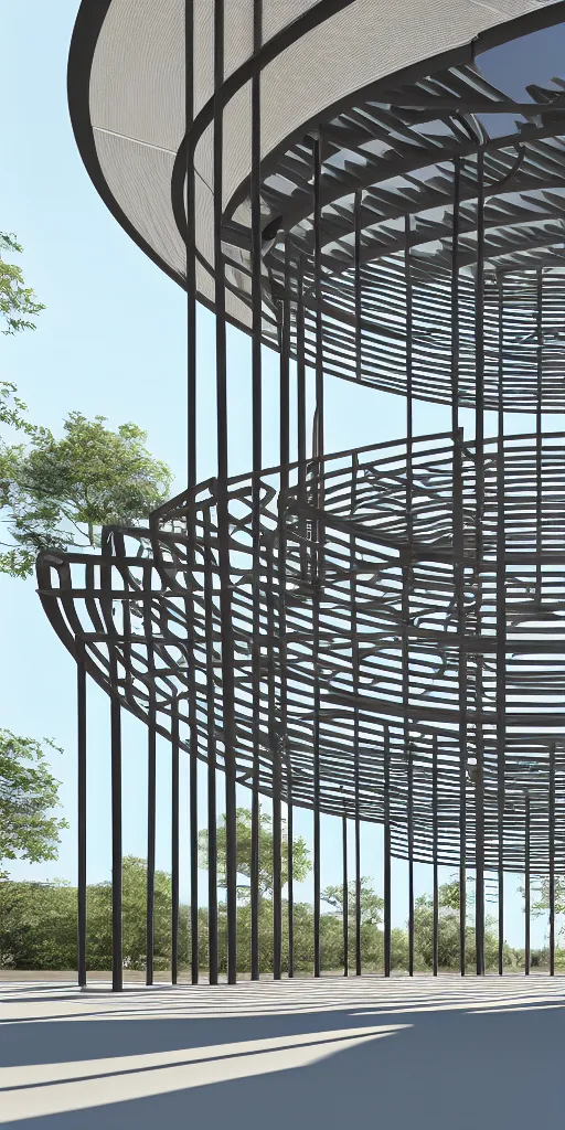 Prompt: photo of a pavilion with hundreds of thin steel round columns. corona render
