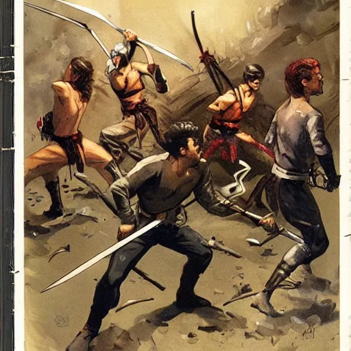 Prompt: vintage comic, greg rutkowski man with long sword fighting several martial artists at once