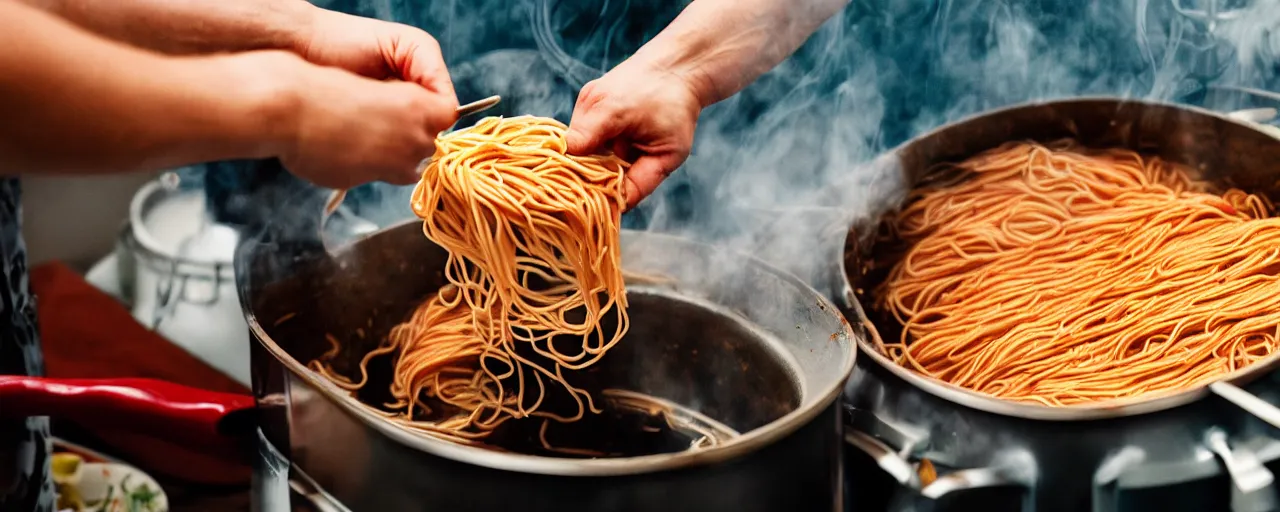 Prompt: macro shot cooking spaghetti in a big pot, boiling water, clean surface, kodachrome, in the style of wes anderson, retro