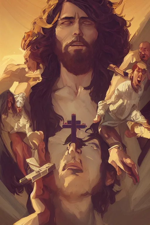 Image similar to jesus on an upside down cross by artgerm, tooth wu, dan mumford, beeple, wlop, rossdraws, james jean, marc simonetti, artstation giuseppe dangelico pino and michael garmash and rob rey and greg manchess and huang guangjian and makoto shinkai