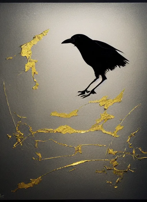 Image similar to crow, award - winning painting, abstract, gold and silver shapes, elegant, luxurious, beautiful, pitch black background, chiaroscuro