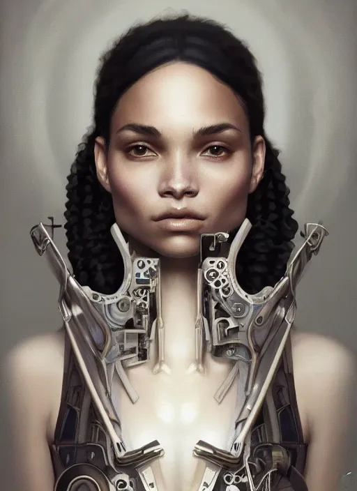 Prompt: champion splashart of symmetry!! zoe kravitz, machine parts embedded into face, intricate, elegant, highly detailed, digital painting, artstation, concept art, smooth, sharp focus, illustration, art by artgerm and greg rutkowski and alphonse mucha, 8 k