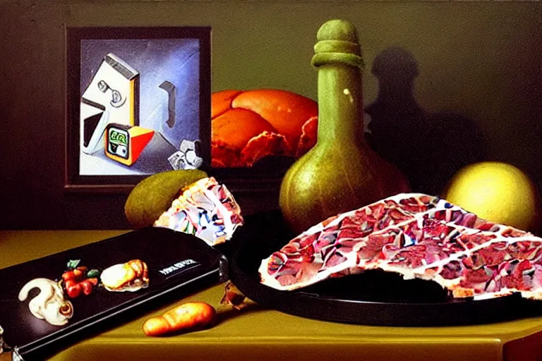 Prompt: a vanitas painting depicting an NVIDIA RTX A100 GPU, graphics card and a smartphone as well as packaged meat