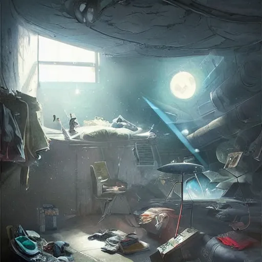 Prompt: detailed room in the sewer lair The room is a clutter if clothes and a bunkbed with space posters everywhere,soft,light,bright,epic,awesome,digital art, by Simon beak and Greg rutkowski