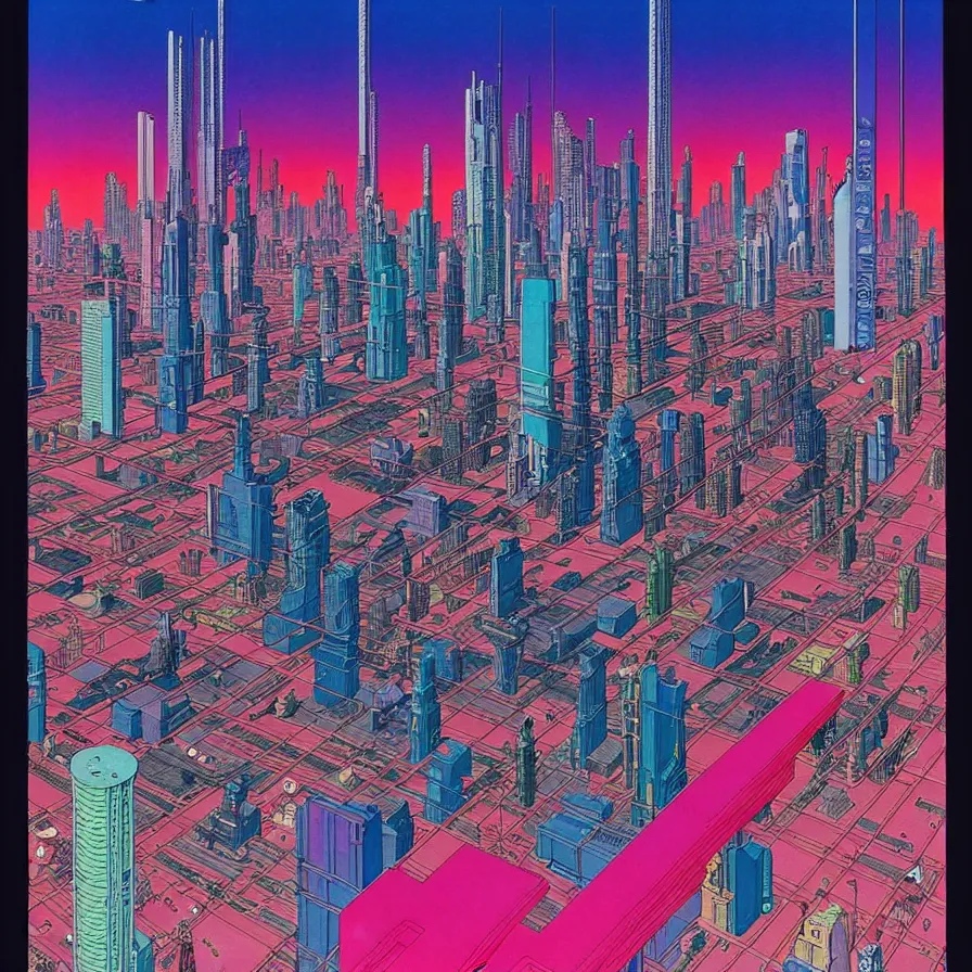 Image similar to ( ( ( ( cyberpunk city ) ) ) ) by mœbius!!!!!!!!!!!!!!!!!!!!!!!!!!!, overdetailed art, colorful, artistic record jacket design