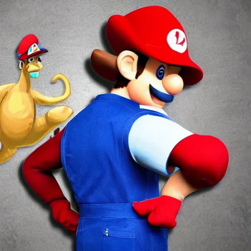 Image similar to italian plumber wearing a red hat and shirt, blue jumpsuit fighting a dinosaur, real life, realistic