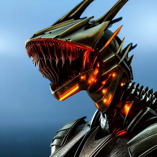 Image similar to chest up bust shot, realistic detailed stunning beautiful armored anthropomorphic humanoid female robot dragon, looking to the side, smooth and streamlined armor and design made of steel, sharp claws and sharp teeth, Slick LEDs, standing on two legs, on the beach during sunset, high quality, cinematic art, sunset lighting, 3D render, 8k, artstation, deviantart, furaffinity