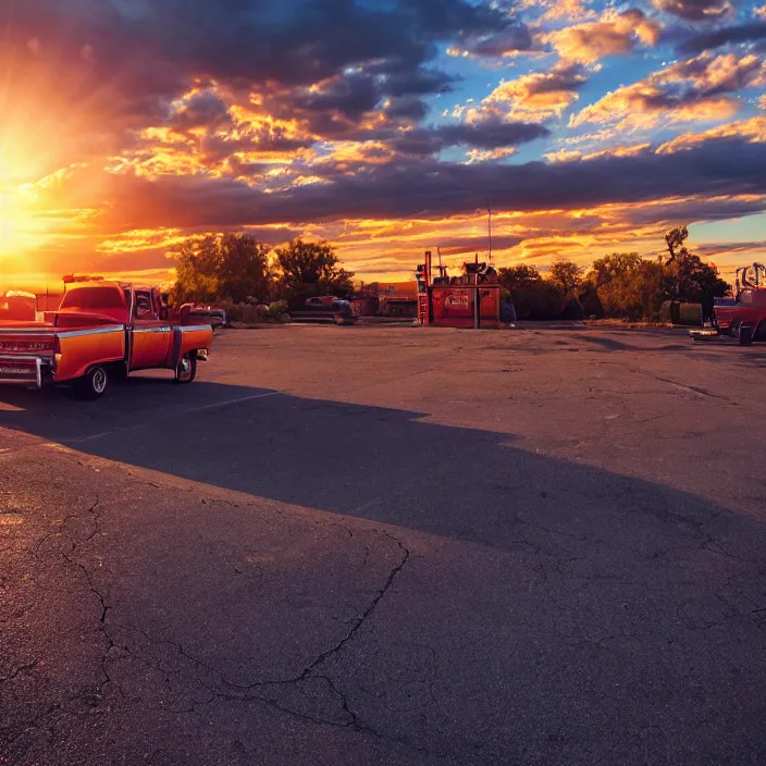 Image similar to a sunset light landscape with historical route 6 6, lots of sparkling details and sun ray ’ s, blinding backlight, smoke, volumetric lighting, colorful, octane, 3 5 mm, abandoned gas station, old rusty pickup - truck, beautiful epic colored reflections, very colorful heavenly, softlight