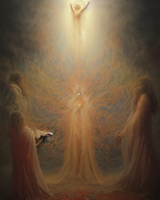 Prompt: etheric transfiguration, beautiful oil painting by Agostino Arrivabene,