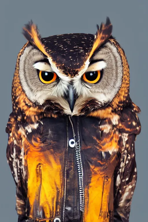 Prompt: cute owl wearing black biker jacket, portrait photo, backlit, studio photo, background colorful