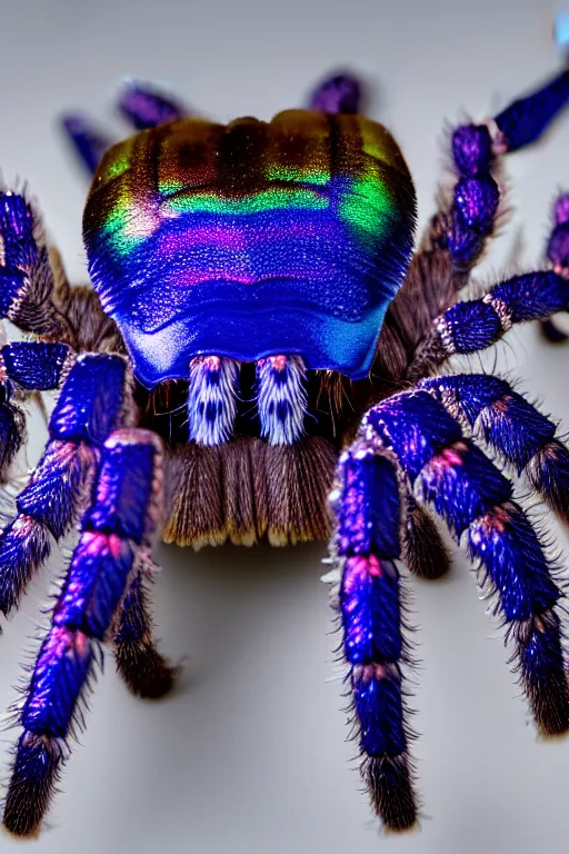 Prompt: high quality macro photo rococo iridescent tarantula! jewelled very cute! highly detailed david ligare elson peter cinematic blue neon lighting high quality low angle hd 8k sharp shallow depth of field